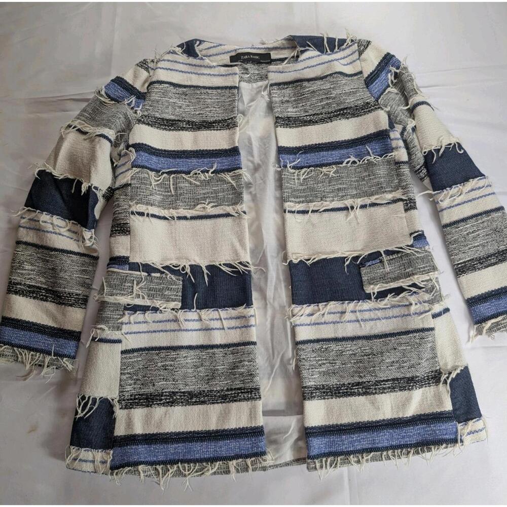 Zara Basic Fringed Textured Patchwork Blazer Jack… - image 1